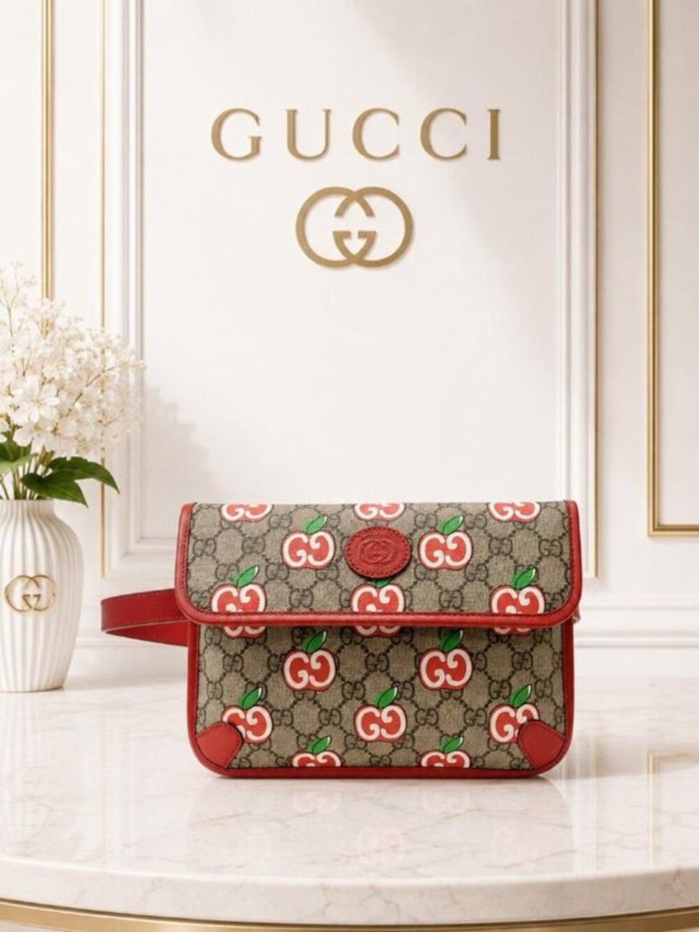 Authentic Gucci Les Pommes Apple Print GG Supreme Canvas Red Leather Belt Waist